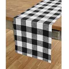 Solino Home 100% Pure Linen Buffalo Check Table Runner – 14 x 36 Inch Black & White Checks Table Runner Natural Fabric Handcrafted from European Flax