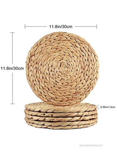 SUEH DESIGN Woven Placemats for Dining Table Set of 6 Thick Rustic Round Kitchen Placemats Heat-Resistant Hand-Braided from Natural Water Hyacinth 11.8