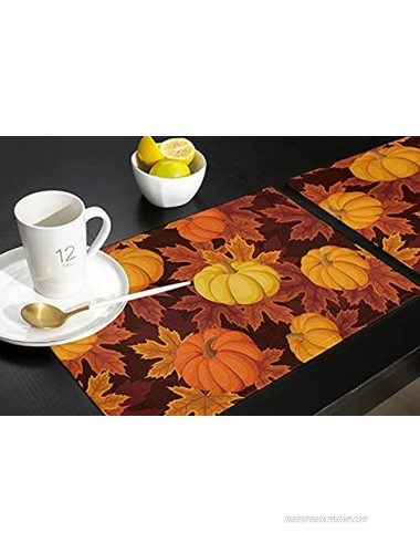 Thanksgiving Placemats Set of 6,Cotton Linen Heat Resistant Table Mats Washable Farmhouse Harvest Pumpkin Maple Leaves It's Fall Y'all Placemat for Holiday Banquet Party Dining Kitchen Table Decor