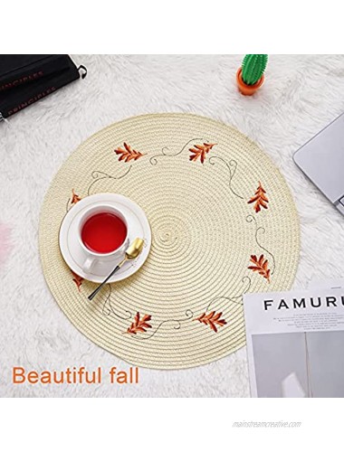 wartleves Fall Placemats Set of 4 for Dining Table Thanksgiving Autumn Harvest Maple Leaf Table Mats Embroidery Holiday Rustic Round Placemats for Fall Thanksgiving Decorations 15 Inch