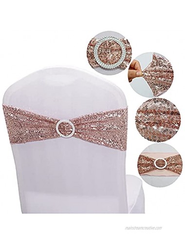 25 PCS Stretch Sequin Chair Sashes Chair Stretchy Spandex Bands for Wedding Reception Events Banquets Chairs Decoration Rose Gold