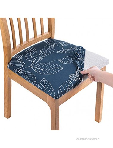 Smiry Printed Dining Chair Seat Covers Stretchy Removable Washable Upholstered Chair Seat Slipcover Protector Set of 6 Blue Leaves
