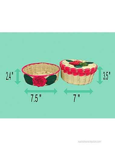 2 pack Mexican handmade palm baskets one with lid and 1 woven napkin cloth servilleta mexicana 100% cotton Eco Friendly tortilla warmer tortillero for party fiesta decoration Pink