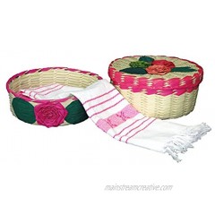 2 pack Mexican handmade palm baskets one with lid and 1 woven napkin cloth servilleta mexicana 100% cotton Eco Friendly tortilla warmer tortillero for party fiesta decoration Pink