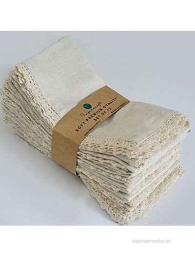 20X20 inch Oversized Dinner Napkins Cotton Flax 12 Pack Natural Premium Quality Mitered Corners With Elegant Lace for Everyday Use Napkins are Pre Shrunk And Good Absorbency With Lace Ivory