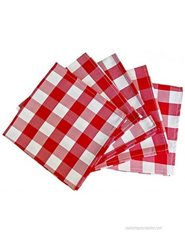 5 Pack Checkered Gingham Polyester Napkins 15 x 15 Inches Red and White