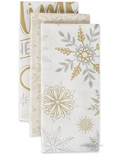 DII Winter Sparkle Collection Metallic Dishtowel Set 18x28 Snowflakes 3 Count