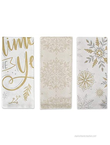 DII Winter Sparkle Collection Metallic Dishtowel Set 18x28 Snowflakes 3 Count