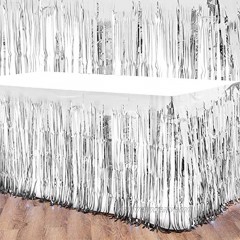 4 Packs Metallic Foil Fringe Table Skirt Tinsel Table Skirt Disposable Table Skirt Banner for Rectangle Tables Wedding Birthday Holiday Parties Decoration Silver