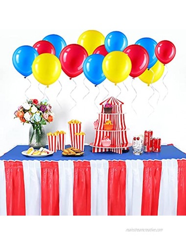54 Pieces Carnival Circus Party Decorations Set Include 2 Red and White Table Skirt Circus Theme Table Skirt 2 Disposable PE Tablecloth and 50 Blue Red Yellow Latex Balloon Blue Tablecloth