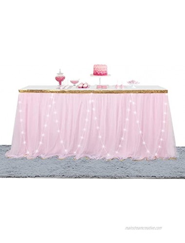 6ft Pink Tulle Table Skirt LED Light Tutu Table Skirt for Rectangle or Round Tables Baby Shower Wedding Birthday Party Decorations