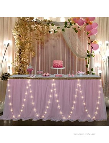 6ft Pink Tulle Table Skirt LED Light Tutu Table Skirt for Rectangle or Round Tables Baby Shower Wedding Birthday Party Decorations
