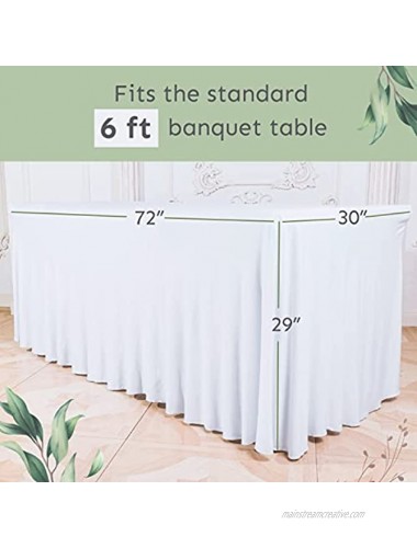 6ft Spandex Fitted Table Skirts for Standard Rectangular Folding Tables Stretchable Tablecloth One Piece 6 Foot Table Cover Wrinkle Resistant Ruffles Design for Weddings Party Events White