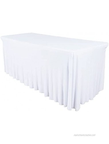6ft Spandex Fitted Table Skirts for Standard Rectangular Folding Tables Stretchable Tablecloth One Piece 6 Foot Table Cover Wrinkle Resistant Ruffles Design for Weddings Party Events White