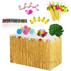 9ft Luau Grass Table Skirt Set for Hawaiian Tropical Party Decoration Brown Table Skirt Hawaiian Luau Palm Leaves Hibiscus Flowers and Pineapple for Birthday Summer Beach Party Decoration Brown