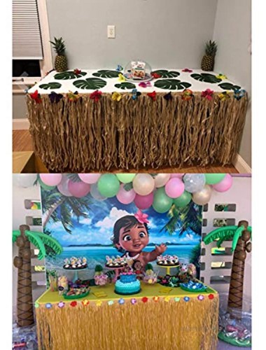 9ft x 29 Inch Hawaiian Raffia Table Skirt Grass Table Skirt with Hibiscus Flowers for Luau Party Decorations Moana Tropical Themed Party Champagne DHHTS03