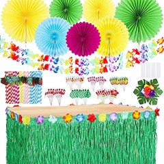 ADXCO 109 Pieces Hawaiian Luau Party Decoration Hawaiian Grass Table Skirt and Hanging Paper Fans Paper Straws Bamboo Sticks Leis Banner Hibiscus Flowers Food Toppers Set Summer Party Decoration