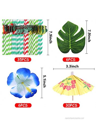 ADXCO 116 Pieces Hawaiian Party Decorations Set Hawaiian Brown Grass Table Skirt Paper Straws Umbrella Bamboo Sticks Hibiscus Flowers and Palm Leaves for Tropical Party Decorations