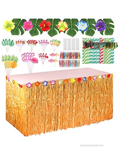 ADXCO 116 Pieces Hawaiian Party Decorations Set Hawaiian Brown Grass Table Skirt Paper Straws Umbrella Bamboo Sticks Hibiscus Flowers and Palm Leaves for Tropical Party Decorations