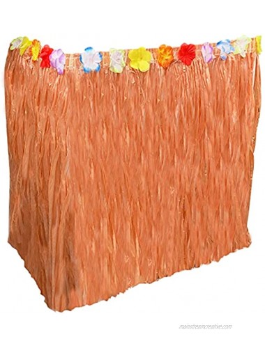 Artificial Grass Table Skirt – Faux Natural Hay Grass Skirt Table Fringe Faux Hibiscus Flowers Luau Table Skirt Colorful Hawaiian Table Skirt Hula Table Skirt Artificial Grass Table Cloth 9FT X 29