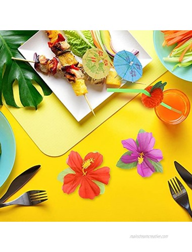 Auihiay 109 Pieces Tropical Party Decoration Set with 9 Feet Hawaiian Table Skirt Palm Leaves Hawaiian Flowers Multicolored Umbrellas and 3D Fruit Straws for Hawaiian Luau Party Table Decorations