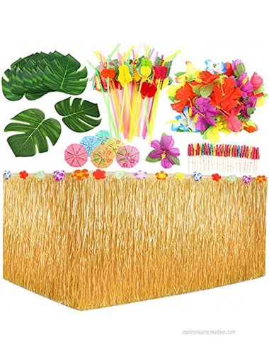 Auihiay 109 Pieces Tropical Party Decoration Set with 9 Feet Hawaiian Table Skirt Palm Leaves Hawaiian Flowers Multicolored Umbrellas and 3D Fruit Straws for Hawaiian Luau Party Table Decorations