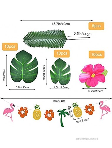Aweyka Tropical Hawaiian Party Decorations Set Including One 9ft Luau Table Skirt 25pcs Tropical Palm Leaves 10pcs Hibiscus Flowers and one String Tropical Hawaii Banner for Luau Party Supplies