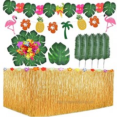 Aweyka Tropical Hawaiian Party Decorations Set Including One 9ft Luau Table Skirt 25pcs Tropical Palm Leaves 10pcs Hibiscus Flowers and one String Tropical Hawaii Banner for Luau Party Supplies