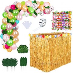 ELCOHO 100 Pieces Hawaiian Party Decorations Set Luau Party Grass Table Skirt Tropical Leaf and Balloons Garland Kit for Tropical Party Supplies Brown