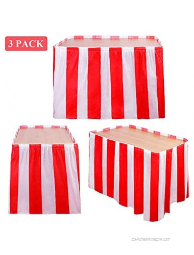 Elcoho 3 Pack Red and White Striped Table Skirt Carnival Circus Table Cloths for Carnival Party Supply Decor Carnival Table Decorations