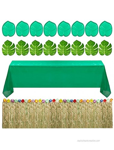 Hawaiian Table Skirt Straw Grass Table Skirt with 36 Pieces Colorful Faux Hibiscus Green Table Cloth 12 Pieces Plastic Palm Leaf Serving Trays 12 Pieces Artificial Plant Leaves for Party Decorations