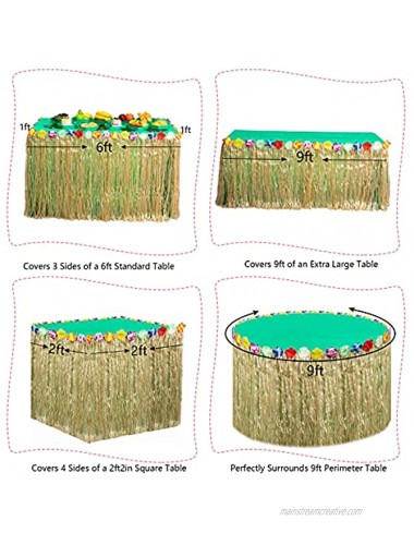 Hawaiian Table Skirt Straw Grass Table Skirt with 36 Pieces Colorful Faux Hibiscus Green Table Cloth 12 Pieces Plastic Palm Leaf Serving Trays 12 Pieces Artificial Plant Leaves for Party Decorations
