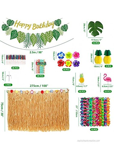 Hawaiian Tropical Party Decorations 9Ft Grass Table Skirt Leaf Banner Leis Necklace Palm Leaves Hibiscus Flowers Fruit Straws 3D Flamingo and Pineapple Cake Toppers for Luau Party Supplies