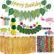 Hawaiian Tropical Party Decorations 9Ft Grass Table Skirt Leaf Banner Leis Necklace Palm Leaves Hibiscus Flowers Fruit Straws 3D Flamingo and Pineapple Cake Toppers for Luau Party Supplies