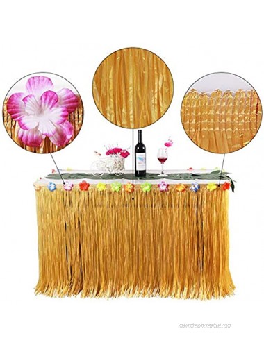 Jackcell Luau Grass Table Skirt 9ft for Hawaiian Party Moana Theme Tropical Birthday Party Babyshower Decorations Supplies,Drop artificial Table Skirt with 12 pcs Tropical Palm Leaves Grass Yellow