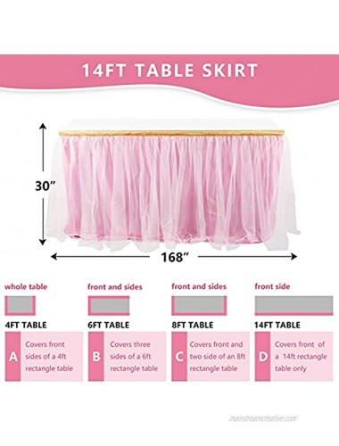Lifancy 14ft Pink Tulle Table Skirt for Rectangle or Round Tables Tutu Table Skirt for Baby Shower Wedding Birthday Party Cake Dessert Table Decorations
