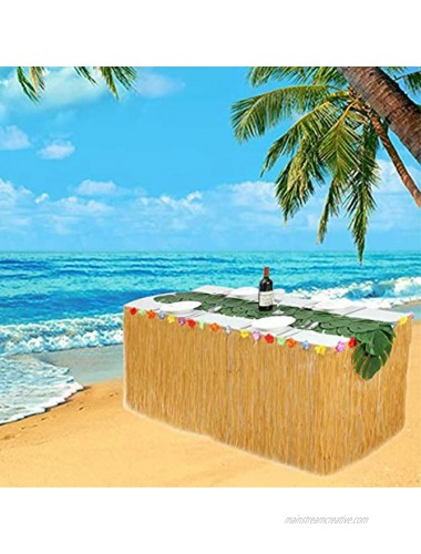 NSSONBEN 9ft Luau Party Hawaiian Grass Table Skirt Tropical Hula Party Decoration Kit with Hibiscus Flowers & Palm Leaves for Aloha Tiki Jungle Moana Theme Birthday Party Supplies Festucine