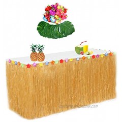 NSSONBEN 9ft Luau Party Hawaiian Grass Table Skirt Tropical Hula Party Decoration Kit with Hibiscus Flowers & Palm Leaves for Aloha Tiki Jungle Moana Theme Birthday Party Supplies Festucine