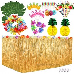 OXISI Hawaiian Party Decorations Set with Grass Table Skirt Hawaiian leis Palm Leaves Hibiscus Flowers Paper Pineapples Umbrellas Flamingos Pineapples Toppers 3D Fruit Straws Luau Party Decorations