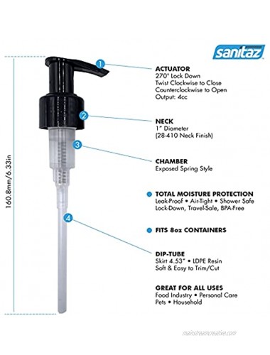 Sanitaz Pump Black Smooth Skirt 1 4 Turn Lock 129mm Dip Tube fits 24 410 Plastic and Glass Neck Dimensions 1-Pack