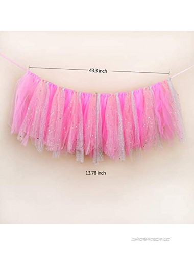 Sfirey High Chair Decoration for 1st Birthday Party Tulle Baby Table Skirt Girl First Party Supplies Pink