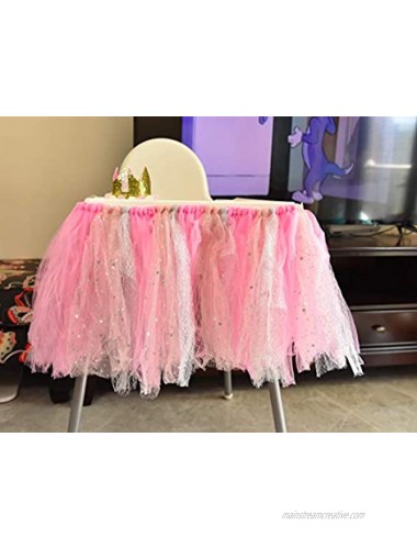 Sfirey High Chair Decoration for 1st Birthday Party Tulle Baby Table Skirt Girl First Party Supplies Pink