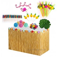 Sopcone Hawaiian Tropical Party Decoration Set with Luau Grass Table Skirt Hibiscus Flowers Palm Leaves Paper Pineapple Umbrella Food Toppers 3D Fruit Straws and Velcros for Luau Party Decoration
