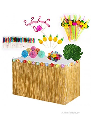 Sopcone Hawaiian Tropical Party Decoration Set with Luau Grass Table Skirt Hibiscus Flowers Palm Leaves Paper Pineapple Umbrella Food Toppers 3D Fruit Straws and Velcros for Luau Party Decoration