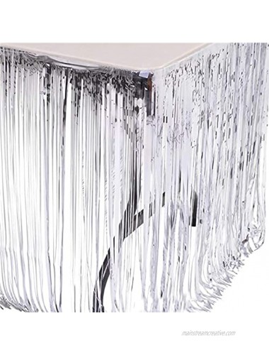Table Skirt Foil Fringe Curtains Glossy Metallic Tinsel for Party Birthday Gatherings Holiday Wedding Decorations 12' x 30 Inches Silver Single