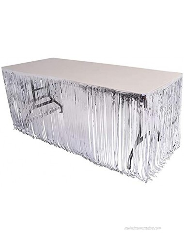 Table Skirt Foil Fringe Curtains Glossy Metallic Tinsel for Party Birthday Gatherings Holiday Wedding Decorations 12' x 30 Inches Silver Single