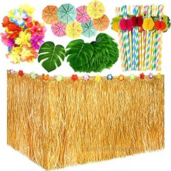 TUPARKA 149 Pcs Hawaiian Tropical Party Decoration Set with 9ft Hawaiian Grass Table Skirt Tropical Leaves Hawaiian Flowers Umbrella Picks and Fruit Straws for Jungle Beach Aloha Theme Luau Party