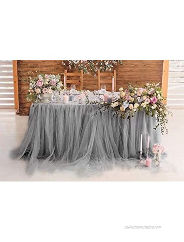 Tutu Table Skirt Fluffy Tulle Lace Table Skirting for Rectangle or Round Tablecloth Party Decoration 1 Yard Gray