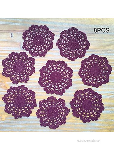 8 Pcs Hand Crochet Lace Doilies Placemats for Table Decoration 8 Inches Handmade Round Small Tablecloths Cotton Coasters Vintage Cloth Ornament for Party Burgundy-B