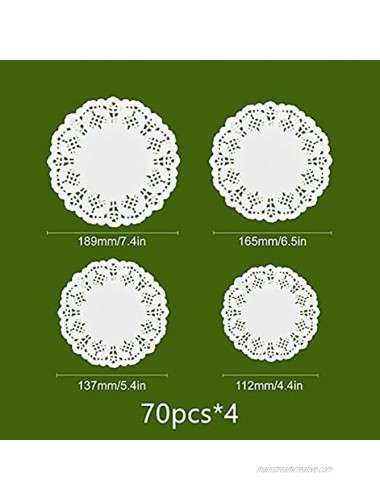 CRASPIRE 280PCS Lace Doilies Paper Round Decorative Paper Placemats in 4 Sizes White Round Hollow Lace Paper Place Mats for Cake Wedding Invitation Envelopes Tableware Baking Decoration